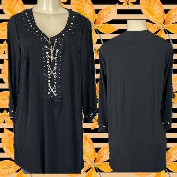 Roaman's 14/16 Black Chain Detail Split Neck Embellished Accent 3/4 Sleeve Top - Picture 1 of 5